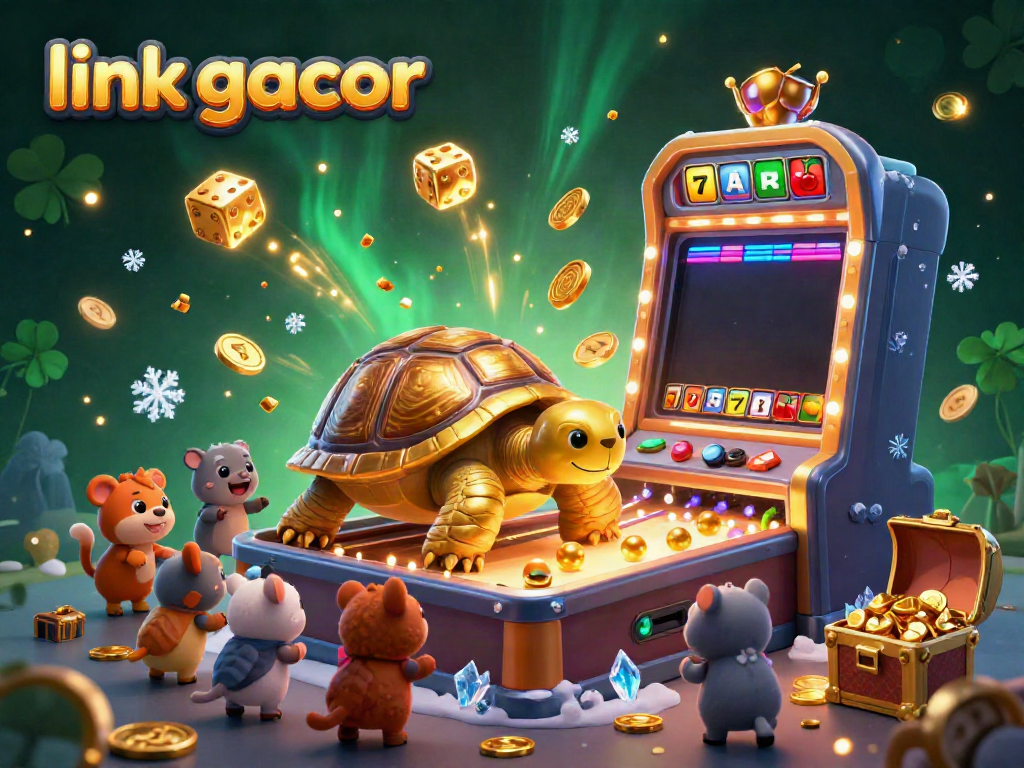 Experience thrilling gameplay at link gacor with a vibrant casino scene, showcasing a joyful tortoise and exciting gaming elements.