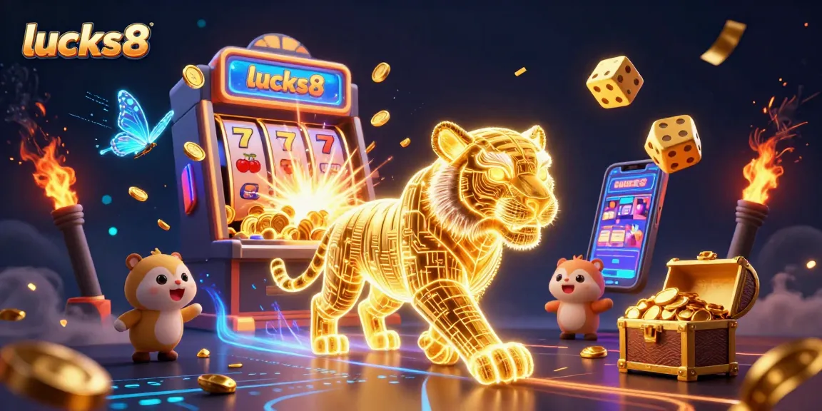 Experience thrilling games at lucks8 with a neon tiger in a vibrant casino landscape.