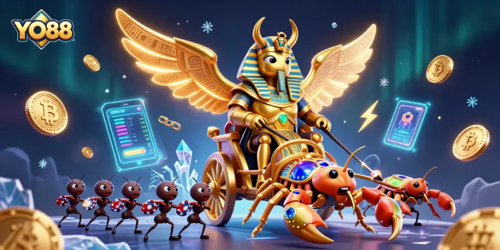 Experience the excitement of YO88 casino with golden scarab beetles and crypto elements.