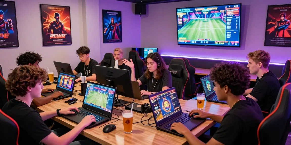 Engaging scene of players enjoying สล็อตผ่านวอเลท in a vibrant gaming lounge.