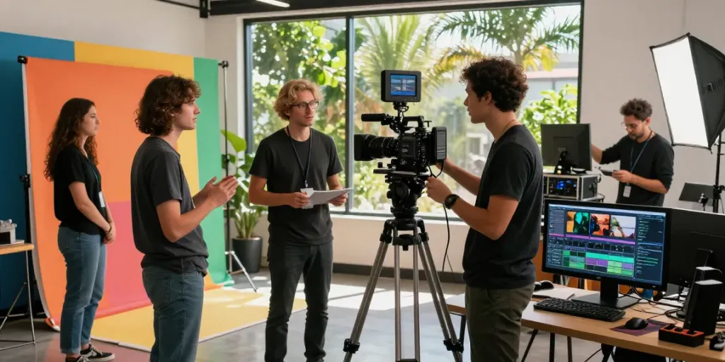 Video production company Orange County, California team collaborating in modern studio