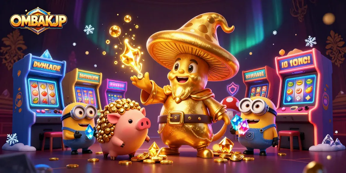 Spin the reels with OMBAKJP in this vibrant casino scene featuring a magical mushroom wizard and treasures.