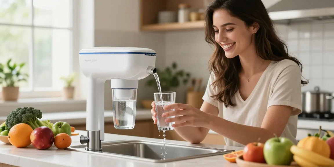 AQUA CREST Alkaline Faucet Water Filter providing pure water from a stylish kitchen faucet filled with fresh fruits.