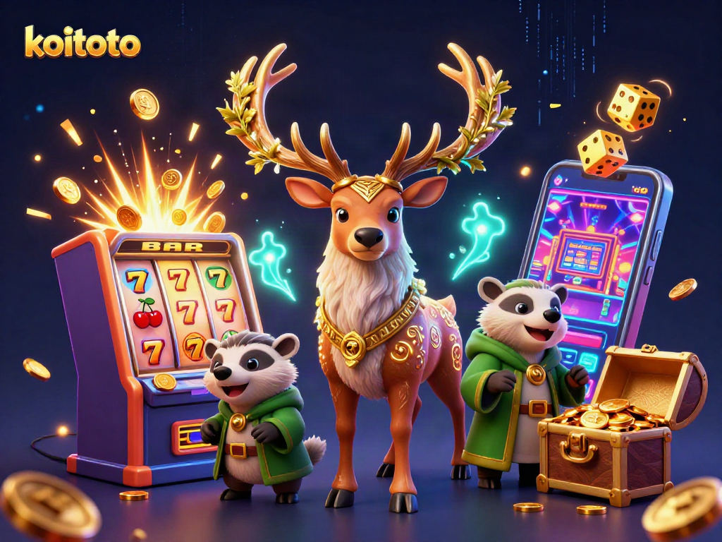 Koitoto showcases a 3D depiction of a druid stag and badger amid dynamic casino elements like slot machines and jackpots.