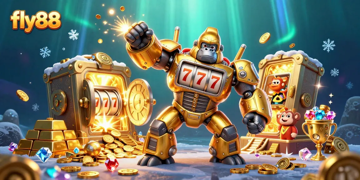Experience thrilling action and excitement at fly88 with a dynamic casino-themed scene featuring an explosive golden gorilla mech.
