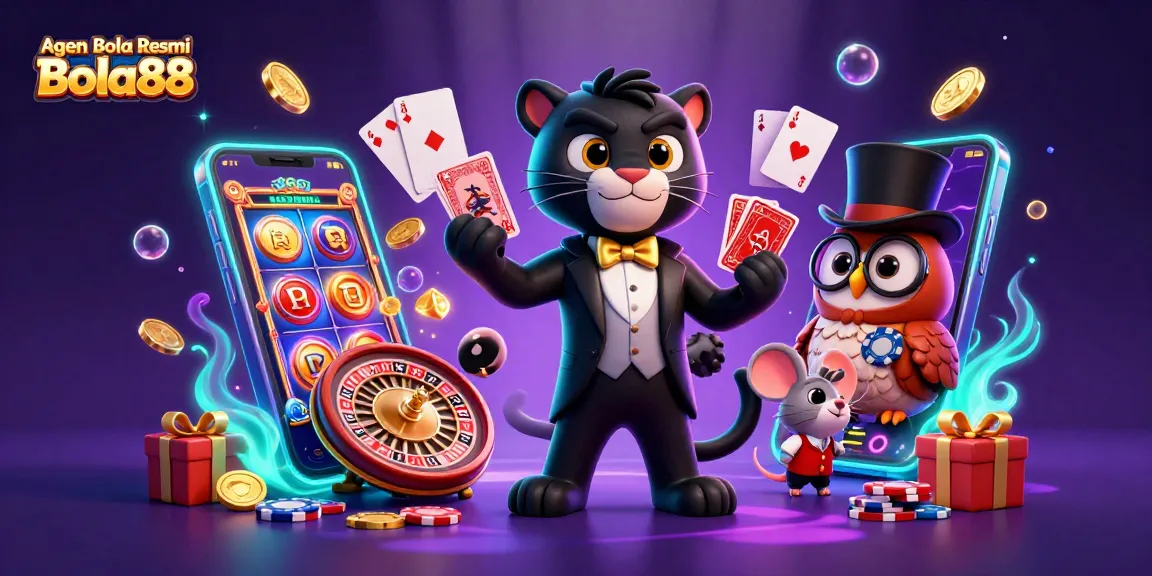 Agen Bola Resmi Bola88 showcases a vibrant scene of a panther dealer, owl, and lucky mouse amid casino excitement.