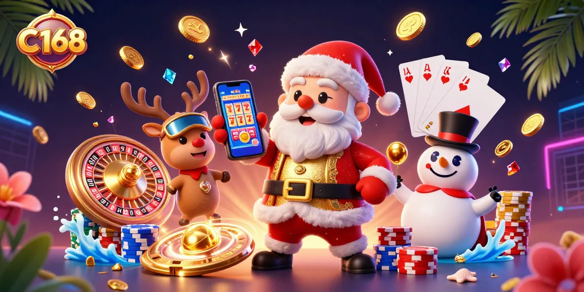 C168 offers engaging slots and casino experiences, showcased by a festive scene with Santa and friends.