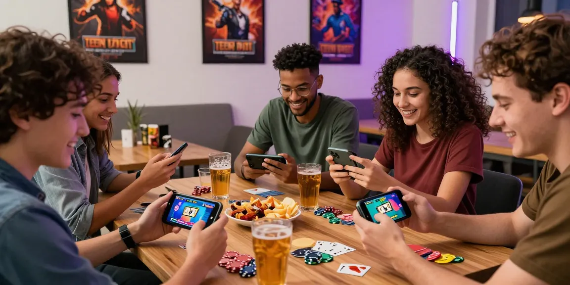 Friends enjoying a game of Teen Patti Gold in a lively gaming lounge.