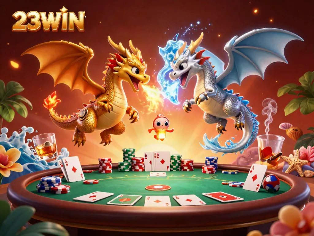 Engage in thrilling gaming at 23WIN with dynamic dragons and vibrant casino elements.