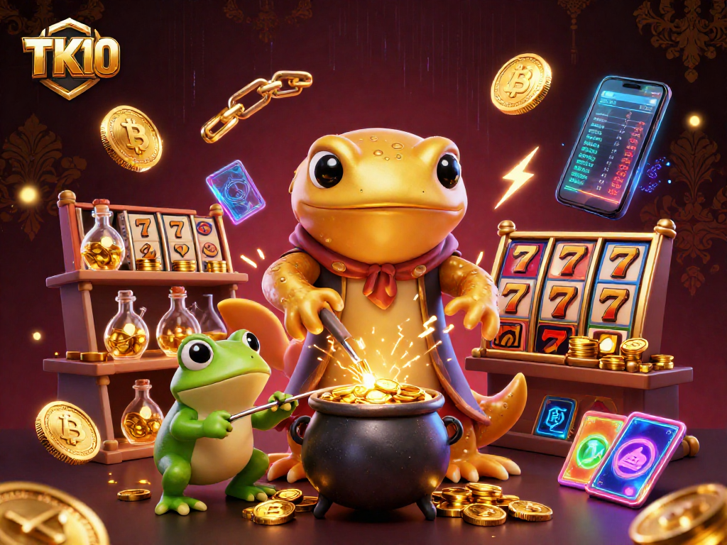 Experience thrilling gameplay with TK10's vibrant slot game elements while characters transmute gold in 3D art.