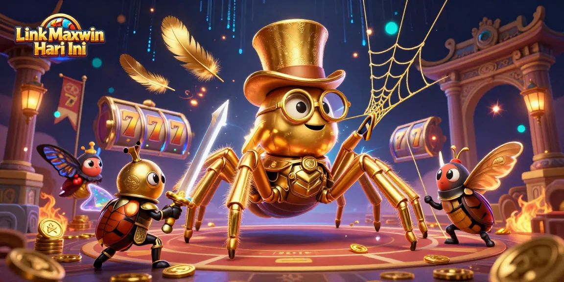 Link Maxwin Hari Ini illustrates a thriving casino scene with a golden tarantula creating fortune and excitement.