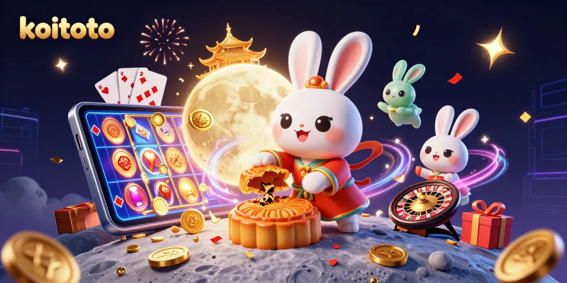 Koitoto engages players with a thrilling scene of the moon rabbit revealing poker chips, enhanced by colorful casino games.