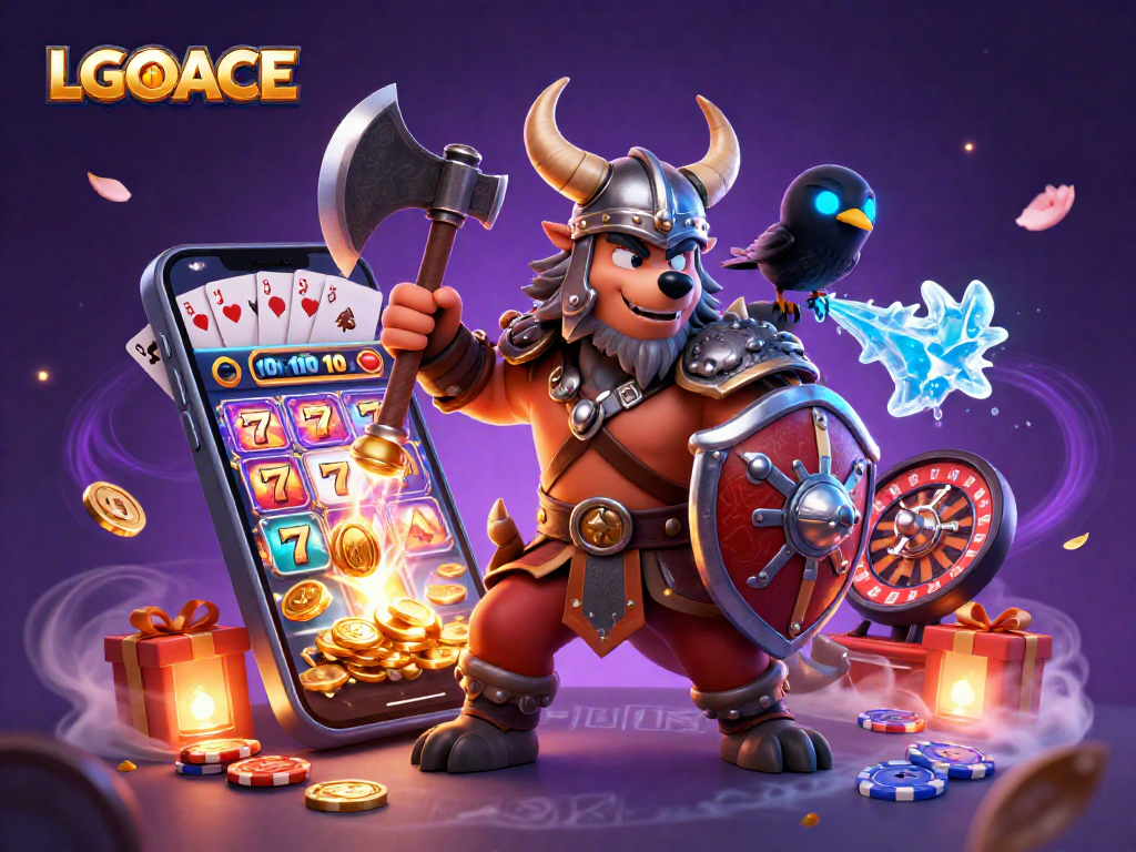 LGOACE promotes thrilling casino adventures with a Viking wolf warrior, dragon, and vibrant slot game elements.