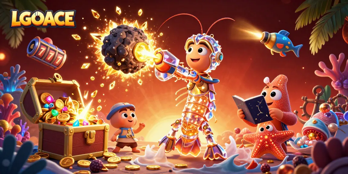 LGOACE brings vibrant excitement as a galactic samurai mantis shrimp punches through an asteroid, showering players with coins and gems.
