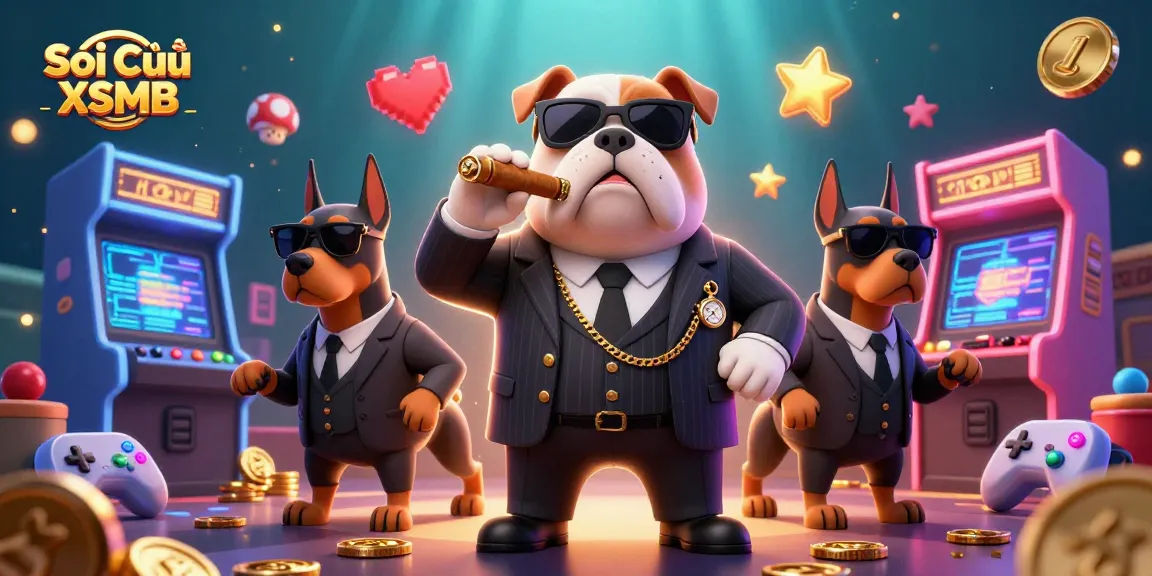 Soi Cầu XSMB showcases a mafia boss bulldog with bodyguard Dobermans in a vibrant casino-themed illustration.