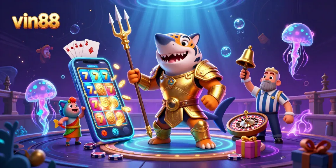 Experience thrilling gameplay at vin88 with a vibrant underwater casino scene featuring slot games and colorful characters.