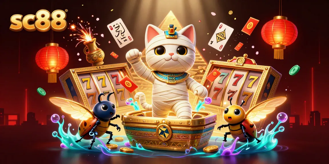 Experience thrilling action at sc88 with a 3D Egyptian mummy cat and casino games bursting from golden sarcophagus.