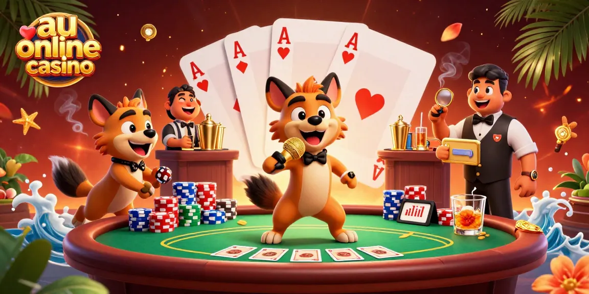 Engage in fun at an au online casino featuring hyena comedians and vibrant gaming elements.