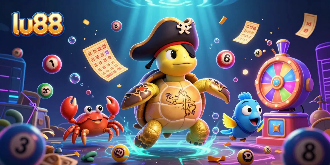 Experience thrilling gameplay with lu88's pirate turtle and treasure scene in this vibrant casino illustration.