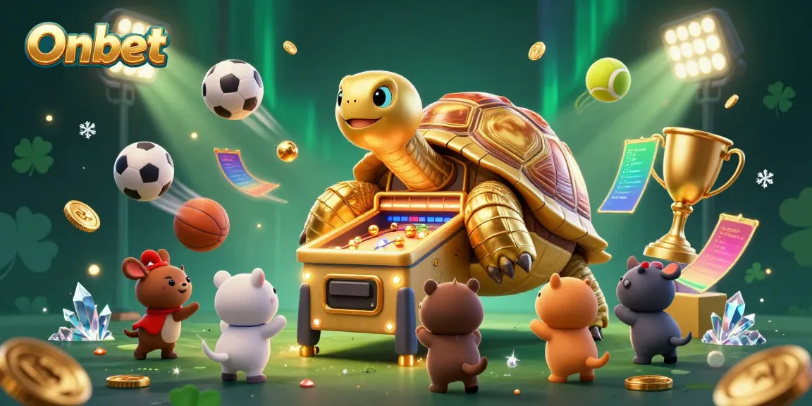 Experience thrilling games at Onbet's colossal tortoise pinball casino with lively animals and sports elements.