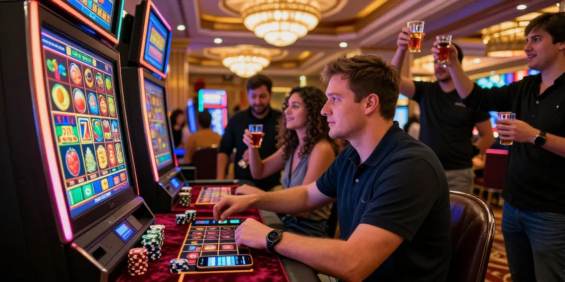 Exciting bandar slot gameplay in a high-end casino with colorful lights and celebrating friends.