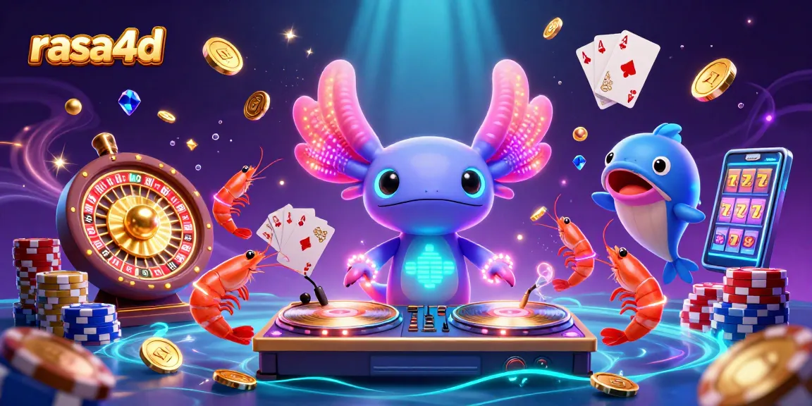 Menangkap keseruan bermain di dunia kasino dengan rasa4d sebagai DJ neon yang memutar vinyl di lautan koin.