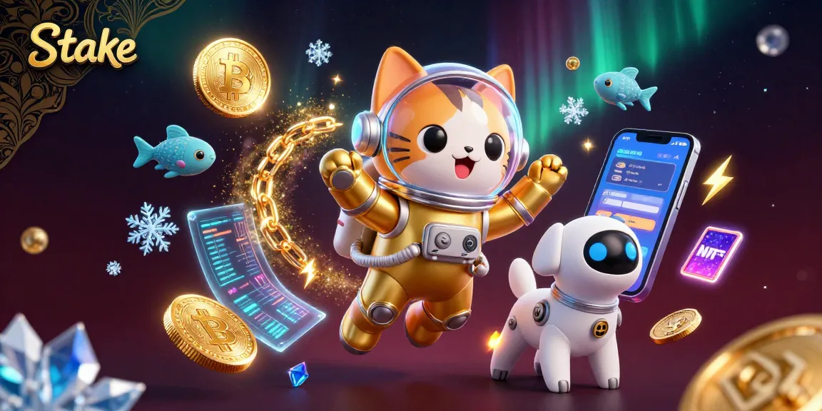 Stake elevates the gaming experience with a space cat and robot dog, showcasing crypto elements.