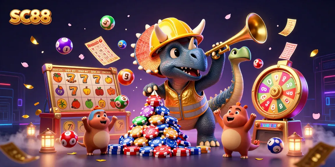 SC88 players celebrate big wins with 3D colorful casino art featuring a triceratops and dynamic elements.