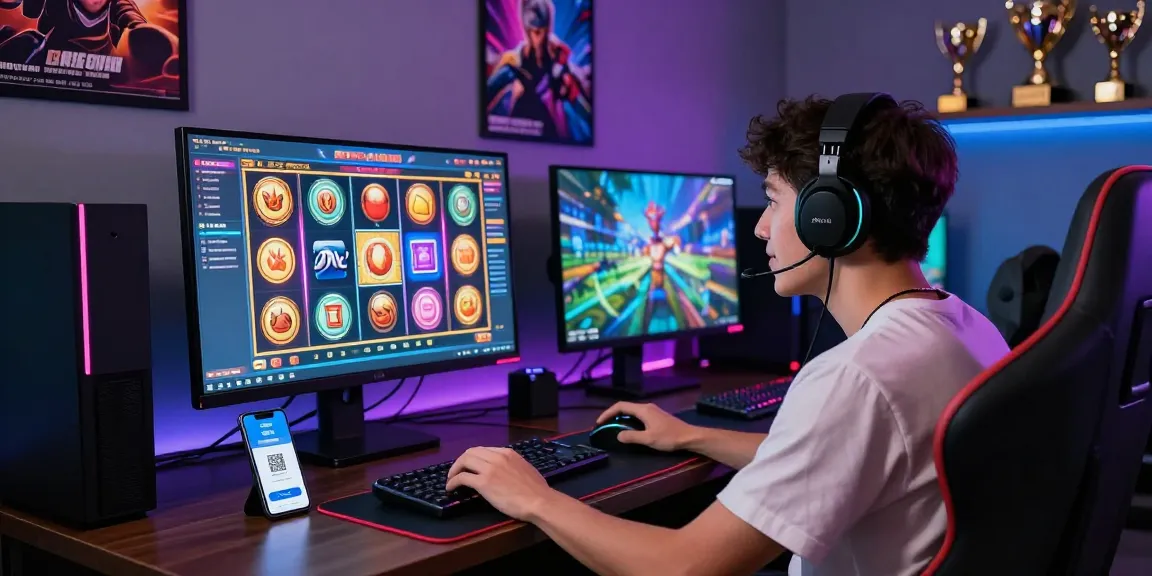Engaged gamer using slot7000 for 4D slot deposits via QRIS with vibrant graphics and dynamic gaming setup.