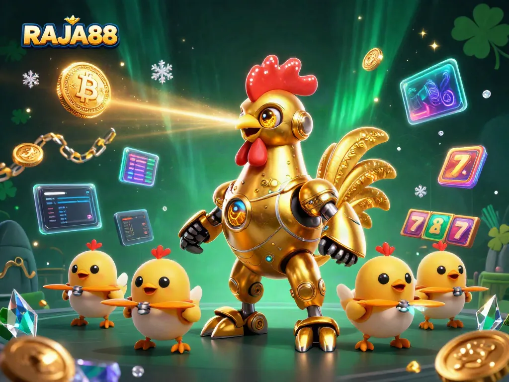 RAJA88 menampilkan robot ayam emas futuristik dalam ilustrasi kasino yang menarik.