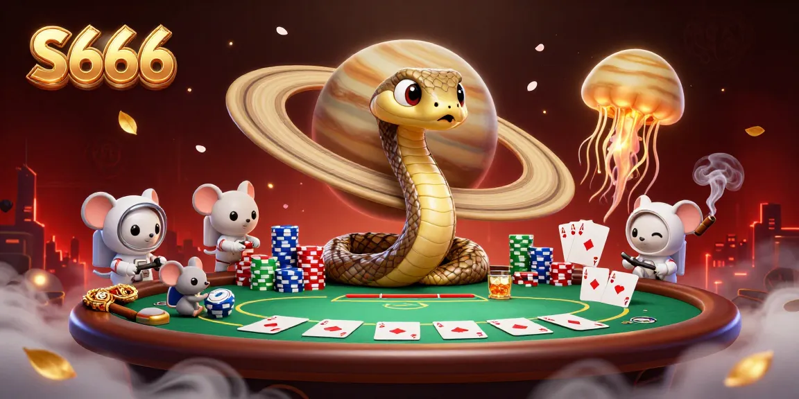 S666 players engage amidst a vibrant cosmic casino scene with roulette and poker elements.