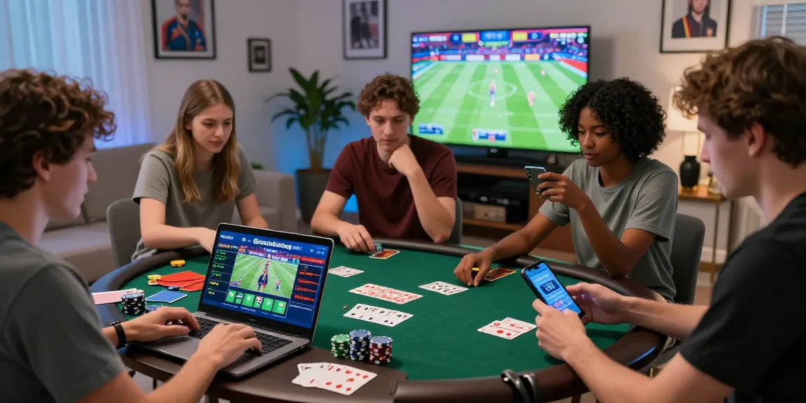 Exciting dynamic scene of individuals enjoying Grandbetting games in a vibrant living room setting.