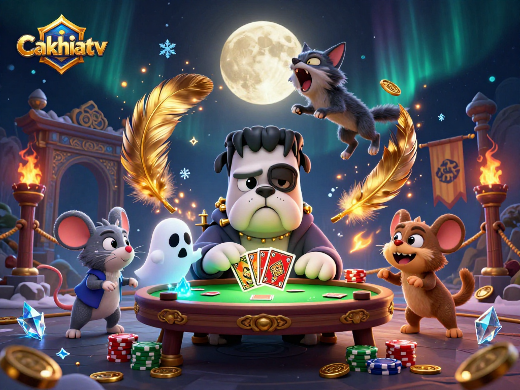 Cakhiatv's colorful gambling scene with a Frankenstein bulldog dealer, a ghost mouse, and a howling werewolf kitten.