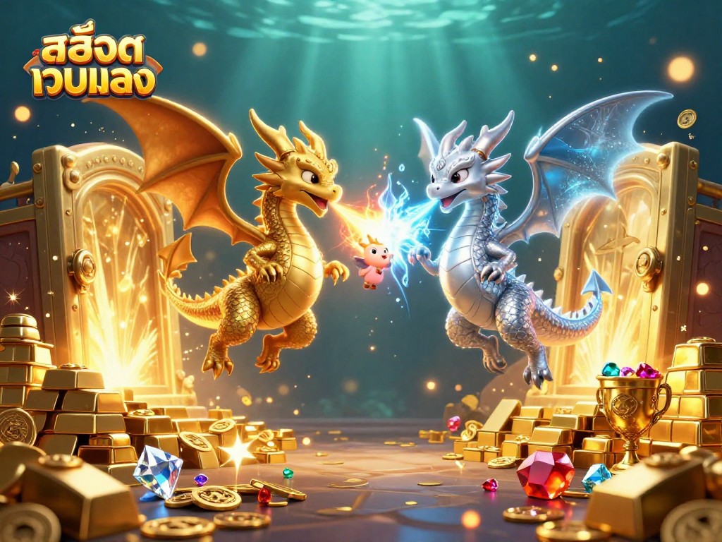 Engage with สล็อตเว็บตรง in this vibrant 3D illustration featuring dragons, treasure, and casino elements.