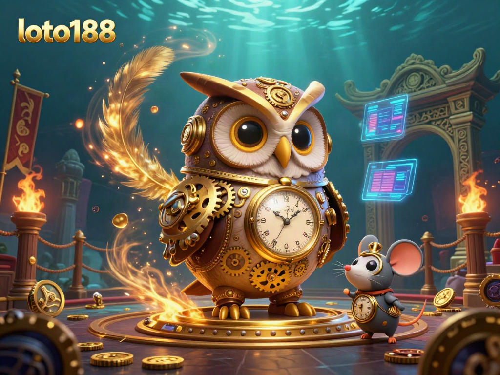 Experience thrilling gaming action at loto188 with an enchanting steampunk owl navigating a dynamic casino scene.