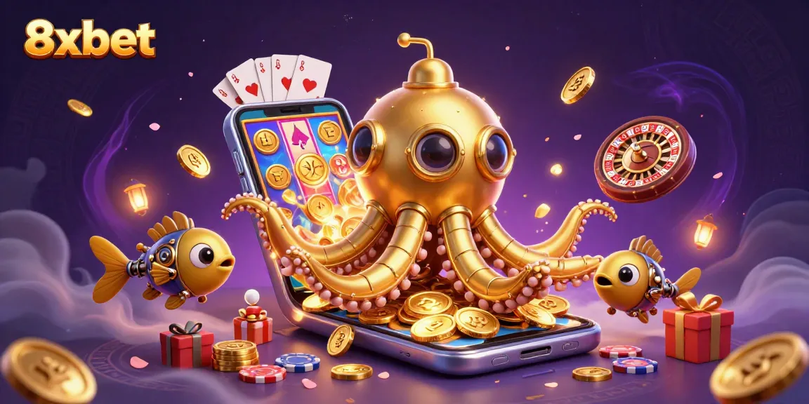 Join the excitement at 8xbet, where a golden kraken submarine navigates through a treasure of coins and casino games!