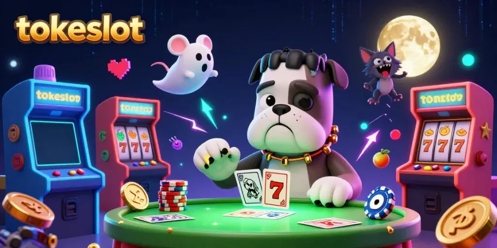 Tokeslot engages players with a vibrant 3D casino scene featuring whimsical characters and interactive game elements.