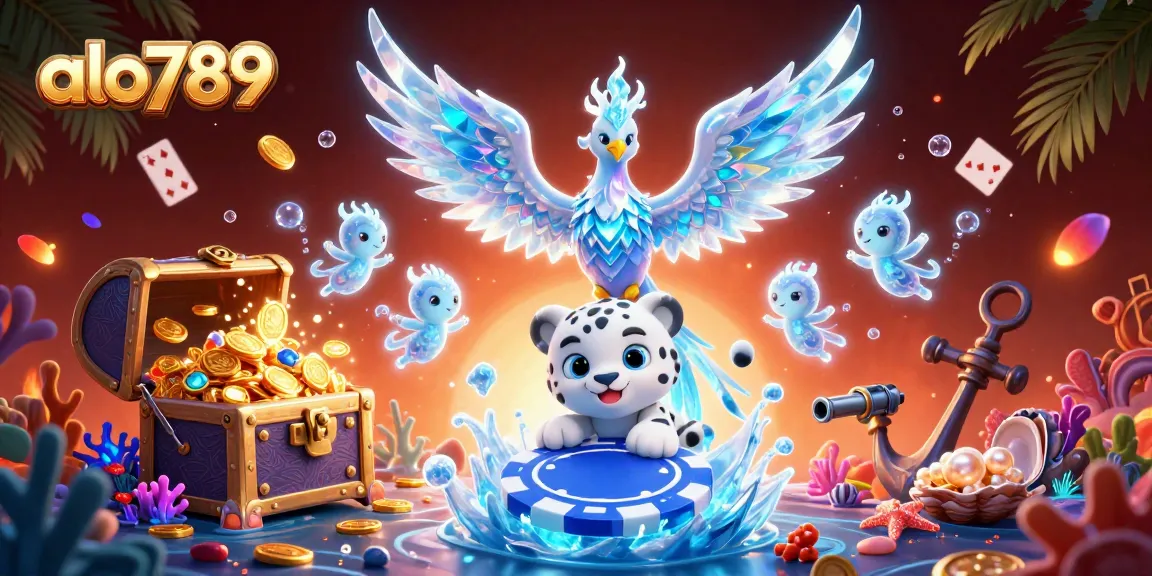 Experience the excitement of alo789 casino with an ice phoenix, snow leopard cub, and glowing sprites in a vibrant, dynamic illustration.