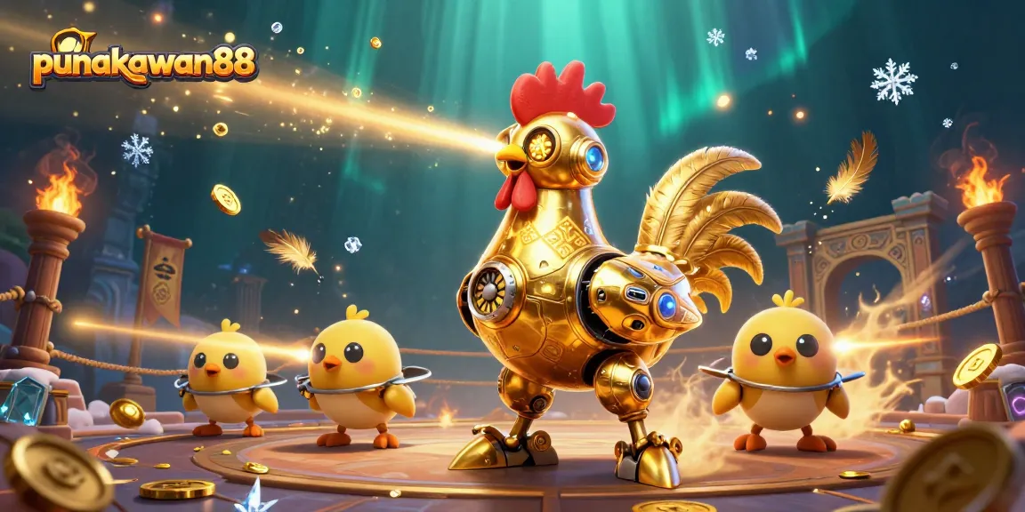 Punakawan88 features an engaging 3D golden rooster robot and baby chick drones amidst a vibrant casino atmosphere.