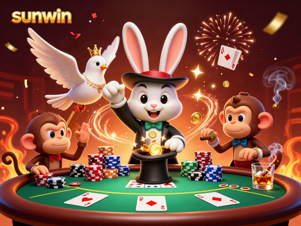 Experience sunwin magic with a magician rabbit, dove, and monkey winning at the poker table in a vivid casino scene.
