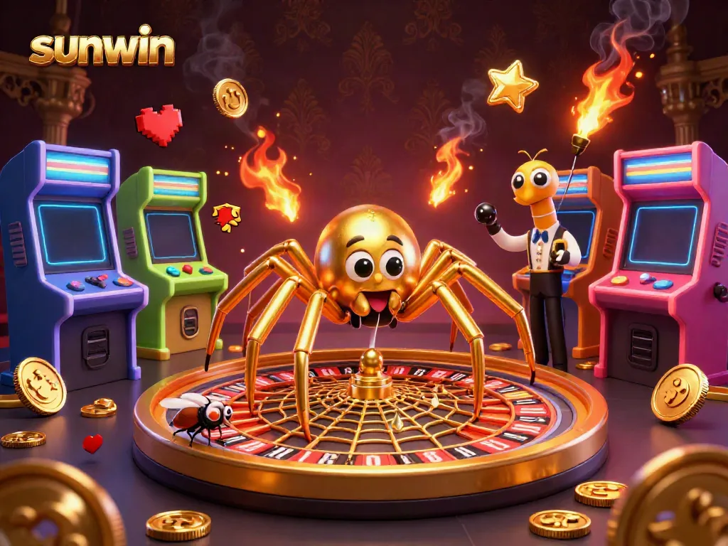 Engaging sunwin gaming scene featuring a golden spider and centipede croupier in a dynamic casino environment