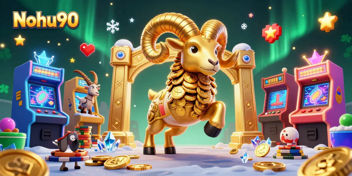 Nohu90 showcases an energetic golden ram charging through a dynamic casino scene filled with games and vibrant icons