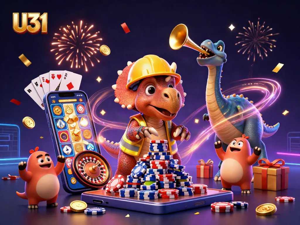 Join the fun at U31 with a vibrant 3D scene of cartoon dinosaurs building poker chip pyramids while celebrating.