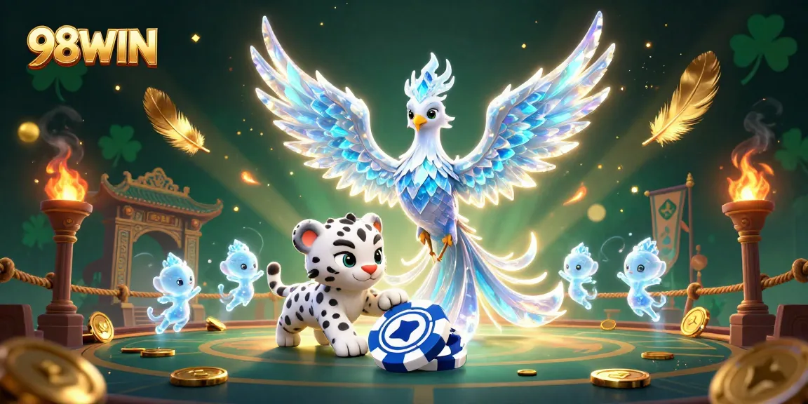 Engage with 98WIN's vibrant casino scene featuring an ice phoenix and animated elements.