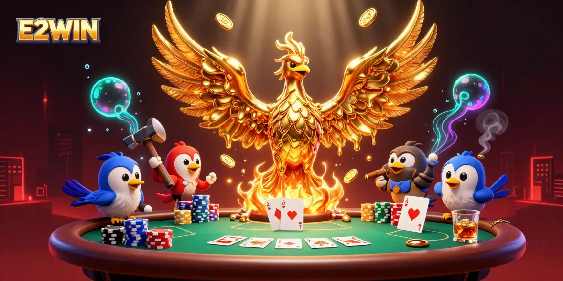 E2WIN transforms betting with a golden phoenix and poker scene illustrating dynamic gameplay.