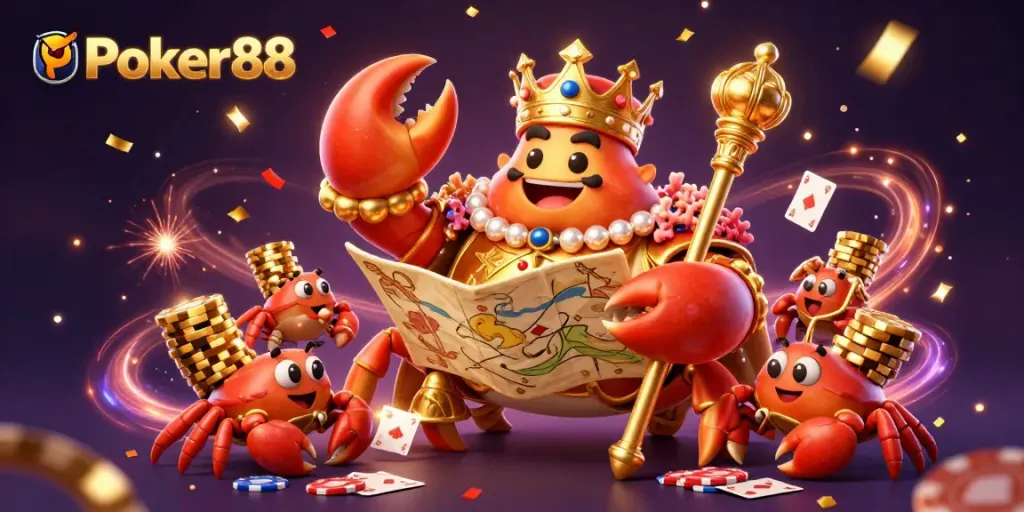 Engage in Poker88's vibrant casino world with a majestic crab emperor leading the game.