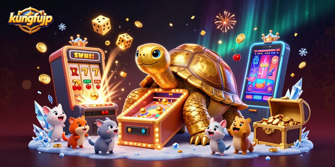 Permainan slot menarik dari kungfujp dengan karakter kura-kura besar dan mesin slot yang melimpah koin.
