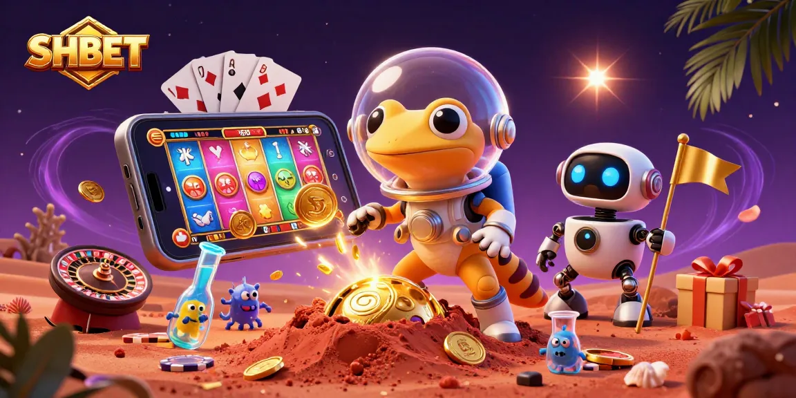 Experience the excitement of SHBET with a Martian gecko discovering a golden casino in a vibrant 3D scene.
