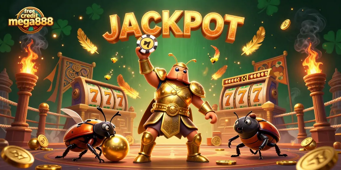 Play with free credit mega888 and win big in this vibrant casino scene featuring unique characters.