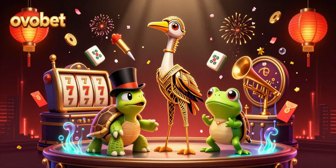 Permainan slot menarik di ovobet dengan karakter ceria dan elemen judi yang berwarna-warni.
